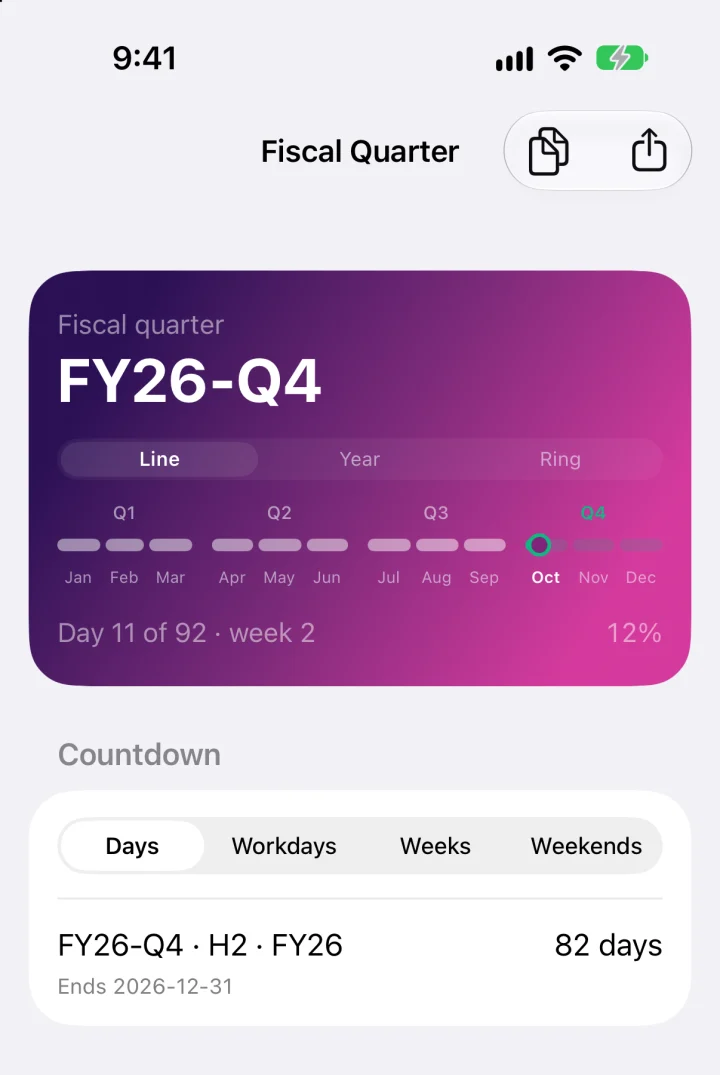 The iPhone app with its top card on a purple gradient.