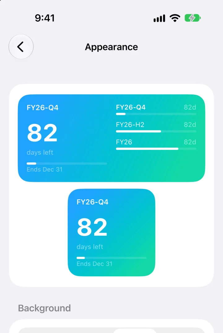 The Appearance screen on iPhone, with live previews of the medium and small widgets on a blue-green gradient, and the gradient presets below.