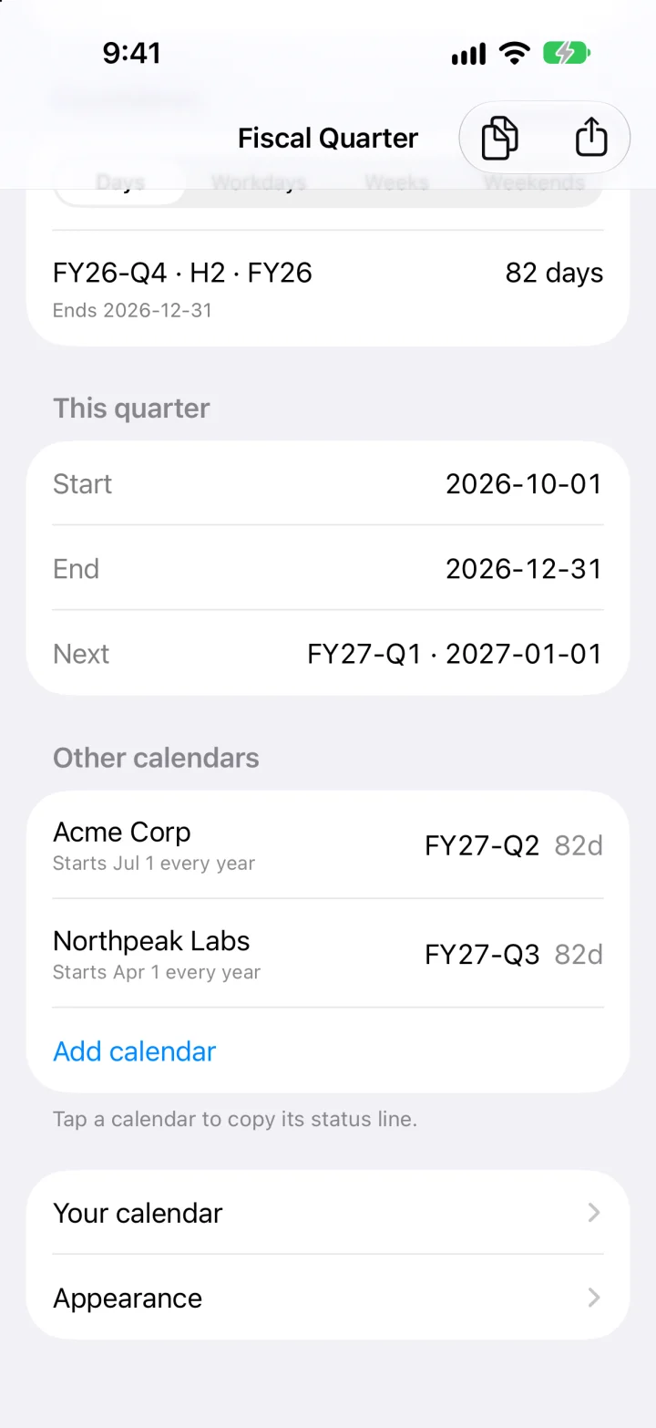 The iPhone app listing other calendars: Acme Corp, which starts July 1, in FY27-Q2, and Northpeak Labs, which starts April 1, in FY27-Q3.