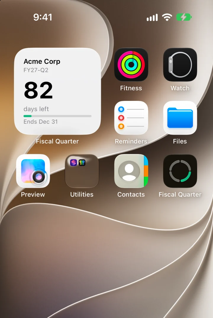 A small widget labelled Acme Corp showing FY27-Q2 and 82 days left.