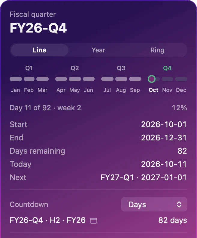 The Mac panel on a purple gradient background, showing FY26-Q4 and the year line.